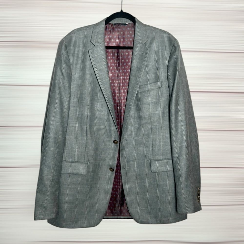 Ralph Lauren Gray Suit Jacket Blazer Gray Plaid Wool Silk Linen Blend 42L